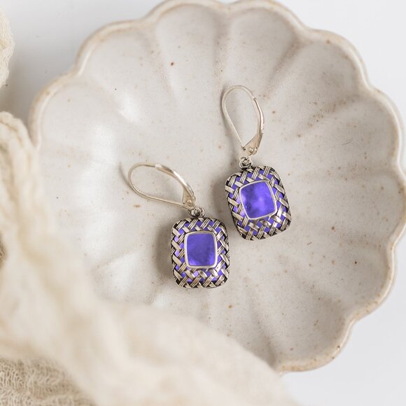 Recycled Early 1900's Purple Medicine Bottle Vintage Quilted Square Earrings - Picture 3 of 6